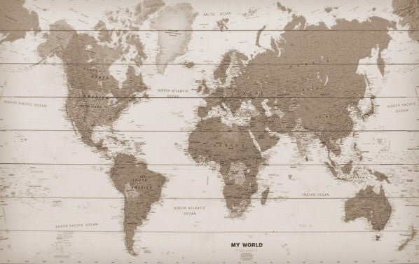 Wereldkaart op hout - sepia